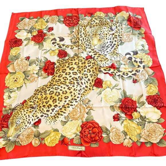 Salvatore Ferragamo Accessories - Salvatore Ferragamo Leopard Floral Print Womens Red Silk Scarf Size 34x34 in